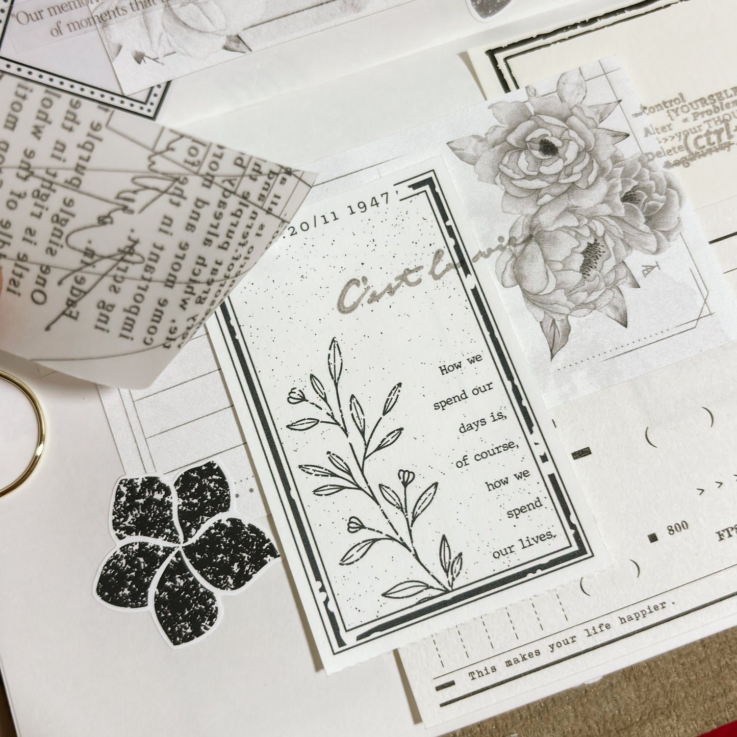 Peonies & Butterflies Monochromatic Deco Memo Paper, 5 designs, 15 loose sheets, Journal Ephemera, Scrapbook