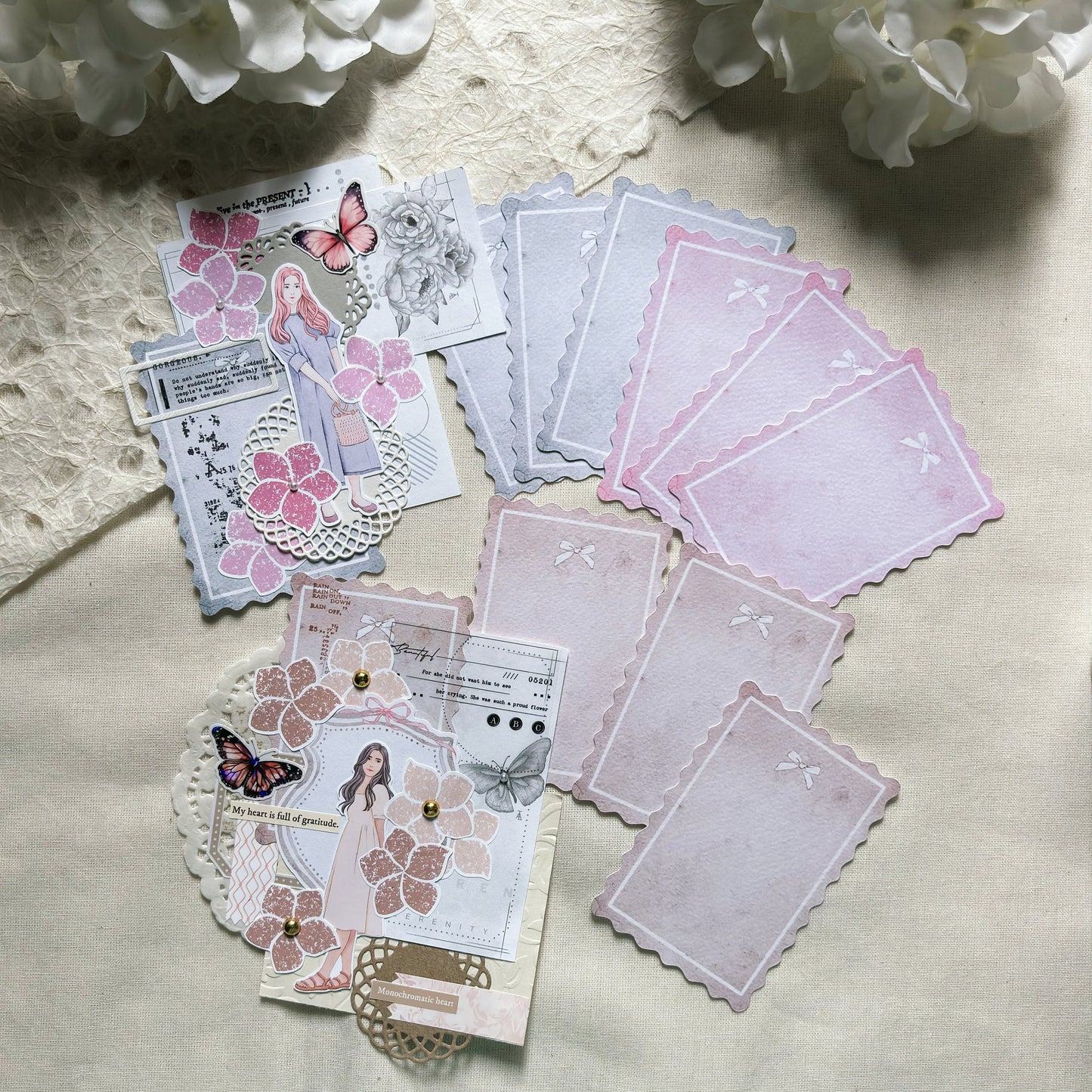 Dainty Memo Die Cut Papers, 3 colors, 9 loose sheets cards, Journal Ephemera, Scrapbook