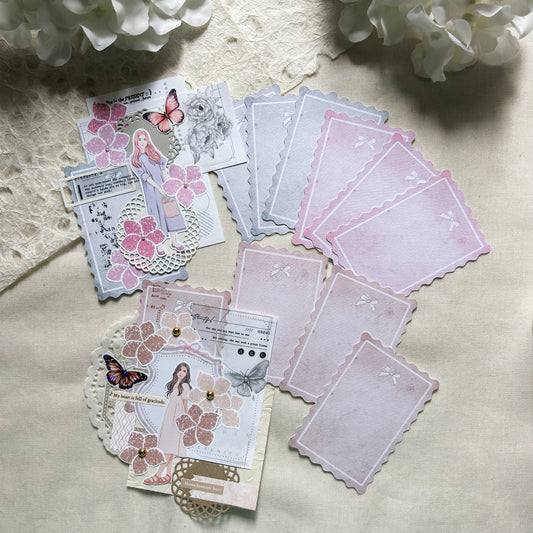 Dainty Memo Die Cut Papers, 3 colors, 9 loose sheets cards, Journal Ephemera, Scrapbook