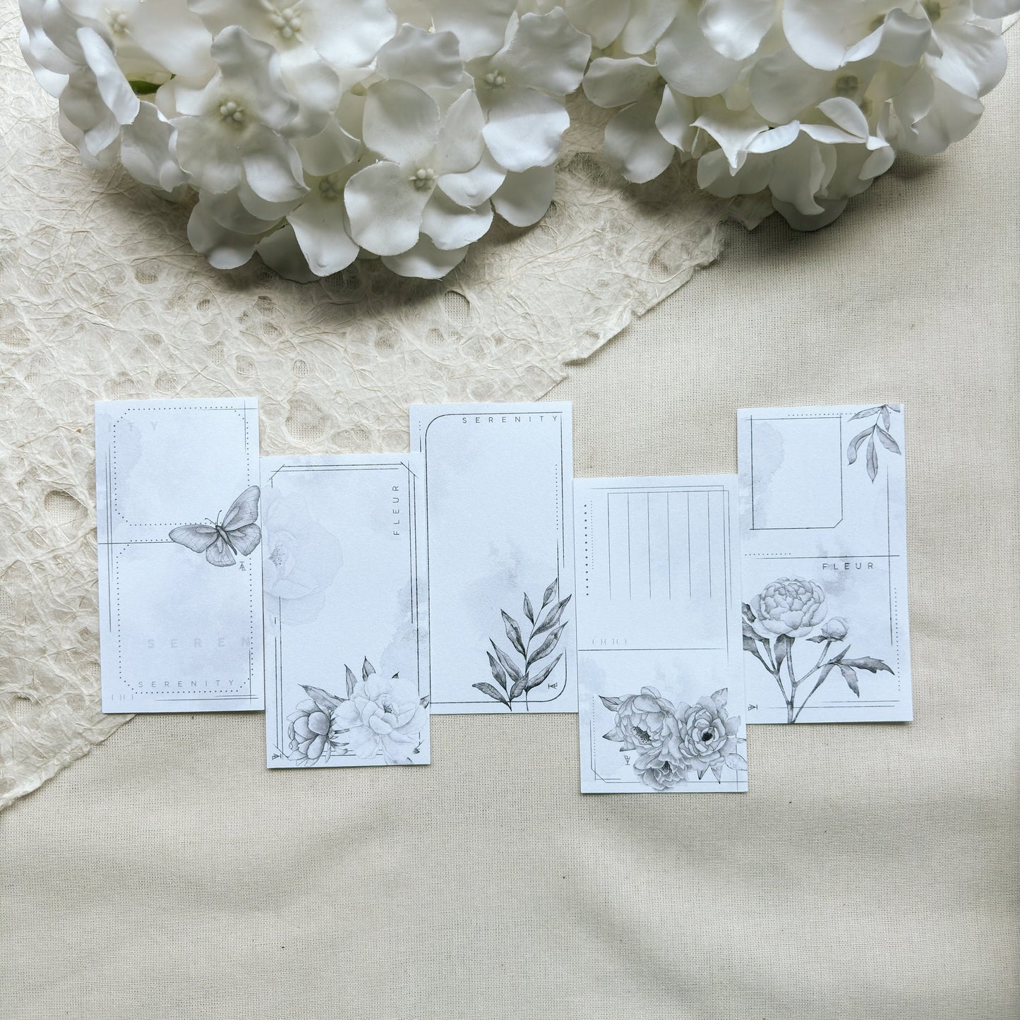 Peonies & Butterflies Monochromatic Deco Memo Paper, 5 designs, 15 loose sheets, Journal Ephemera, Scrapbook