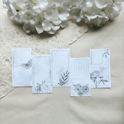 Peonies & Butterflies Monochromatic Deco Memo Paper, 5 designs, 15 loose sheets, Journal Ephemera, Scrapbook