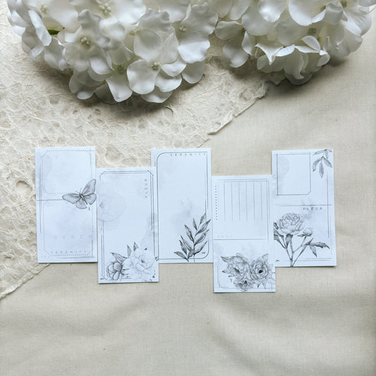 Peonies & Butterflies Monochromatic Deco Memo Paper, 5 designs, 15 loose sheets, Journal Ephemera, Scrapbook