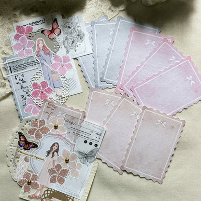 Dainty Memo Die Cut Papers, 3 colors, 9 loose sheets cards, Journal Ephemera, Scrapbook
