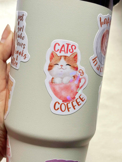 Cats & Coffee Vinyl Sticker,  Waterproof Stickers, The Artsy Lab