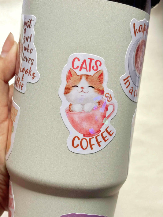Cats & Coffee Vinyl Sticker,  Waterproof Stickers, The Artsy Lab